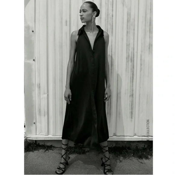 satin shirt dress zara Zara satin black midi dress S (4-6)